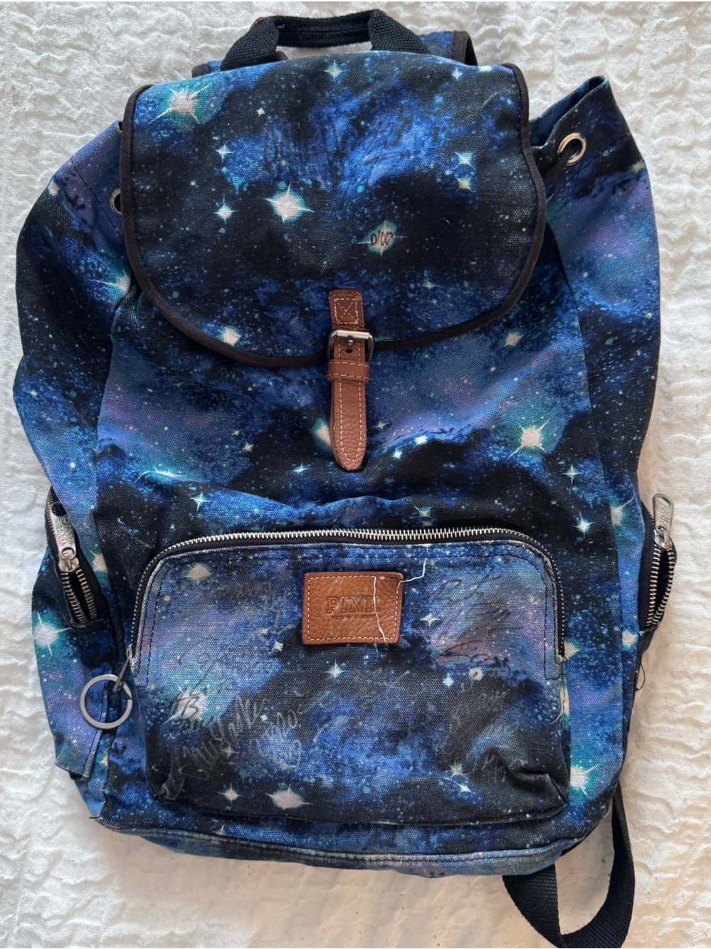 PINK Victoria's Secret Blue Galaxy Canvas Backpack with Brown Trim